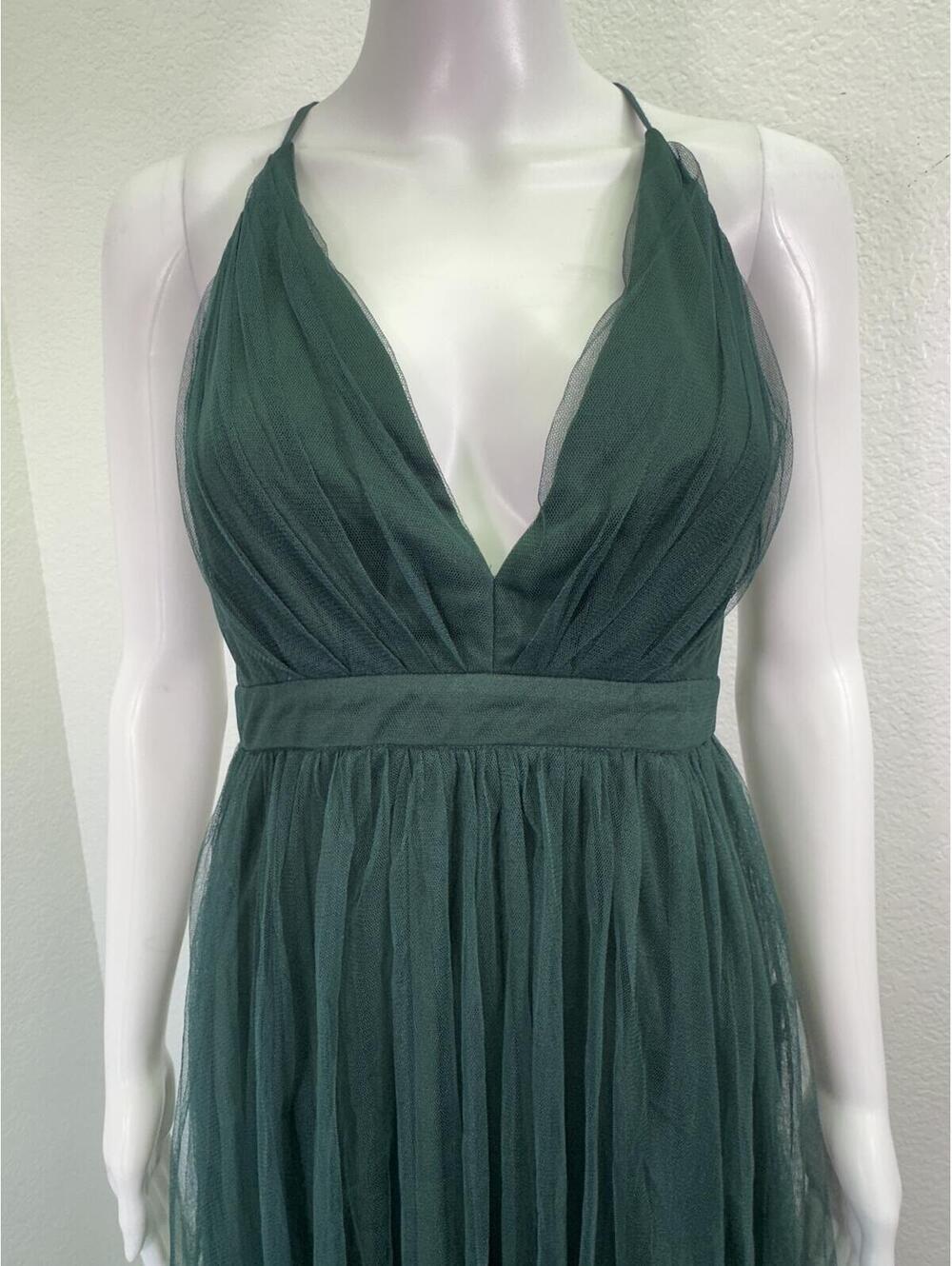 Sz S Lulu’s New Dark Green Tulle Overlay Double Front Slit Backless Maxi Dress - Picture 4 of 8